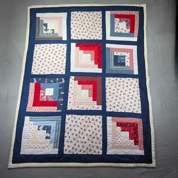 Handmade Other - Handmade Americana Log Cabin Patchwork Quilt Red White Blue Patriotic 38x49